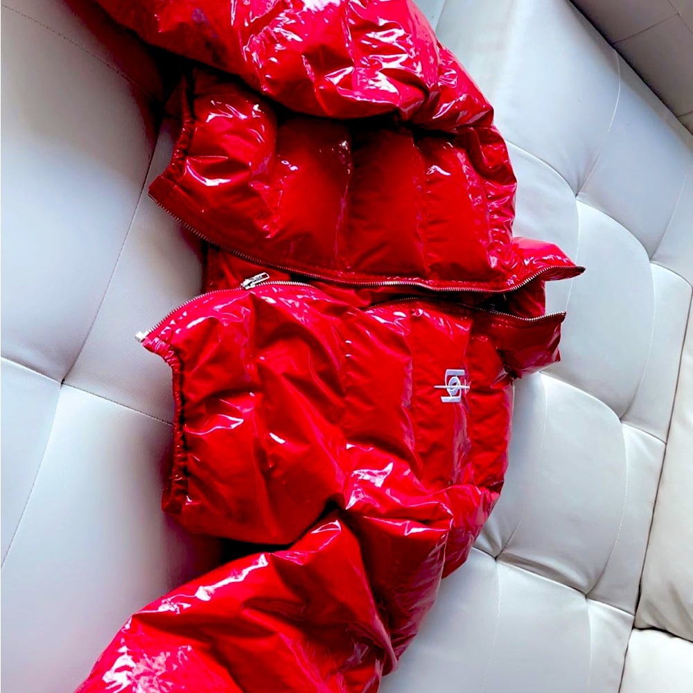 Red local designer puffer